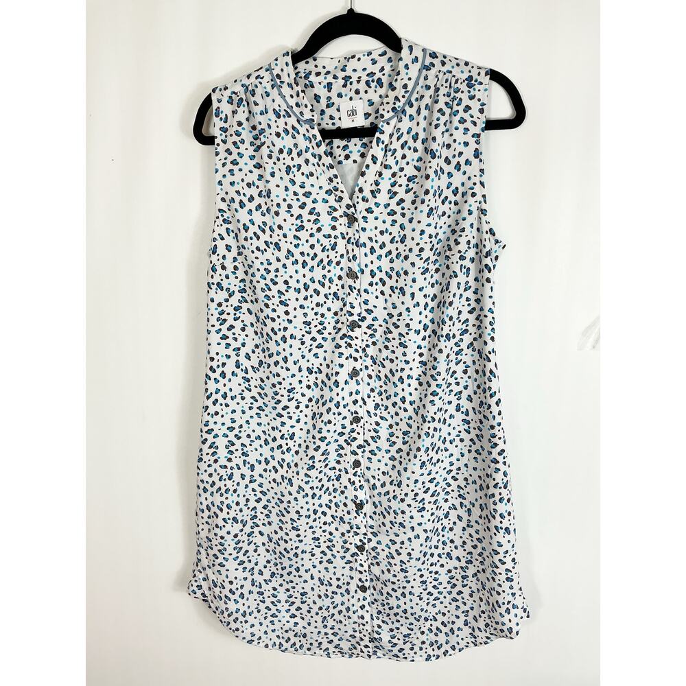 Cabi Camilla Shirt dress White Blue Cheetah Button Front Sleeveless Medium